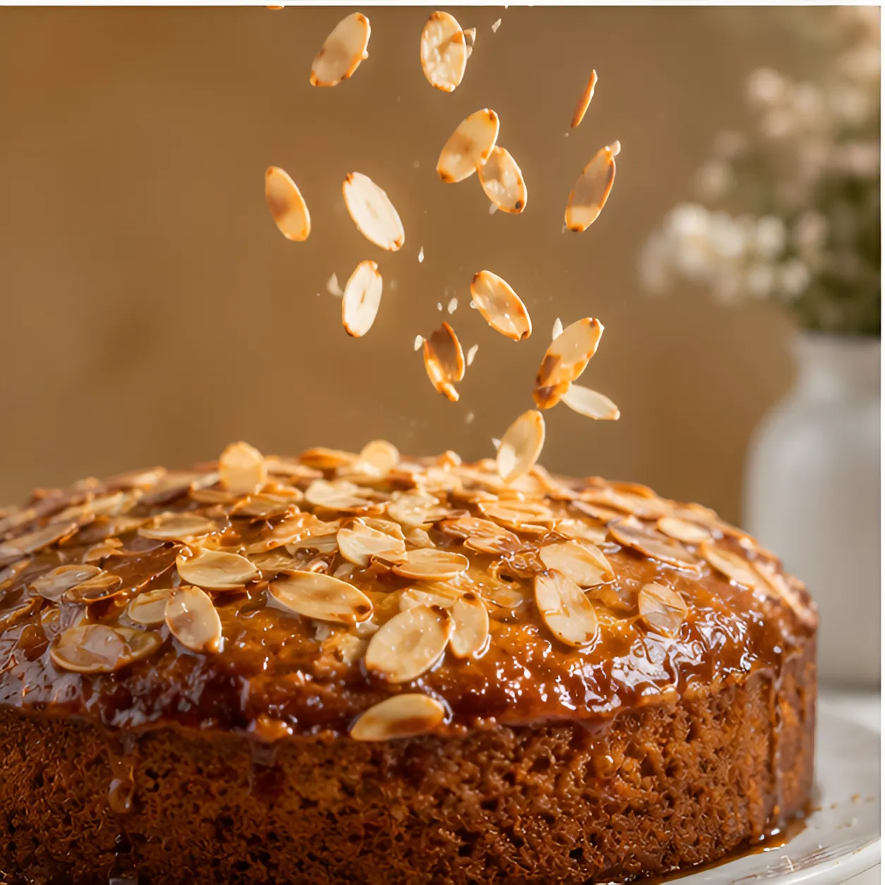 Almond slices falling onto a glazed cake