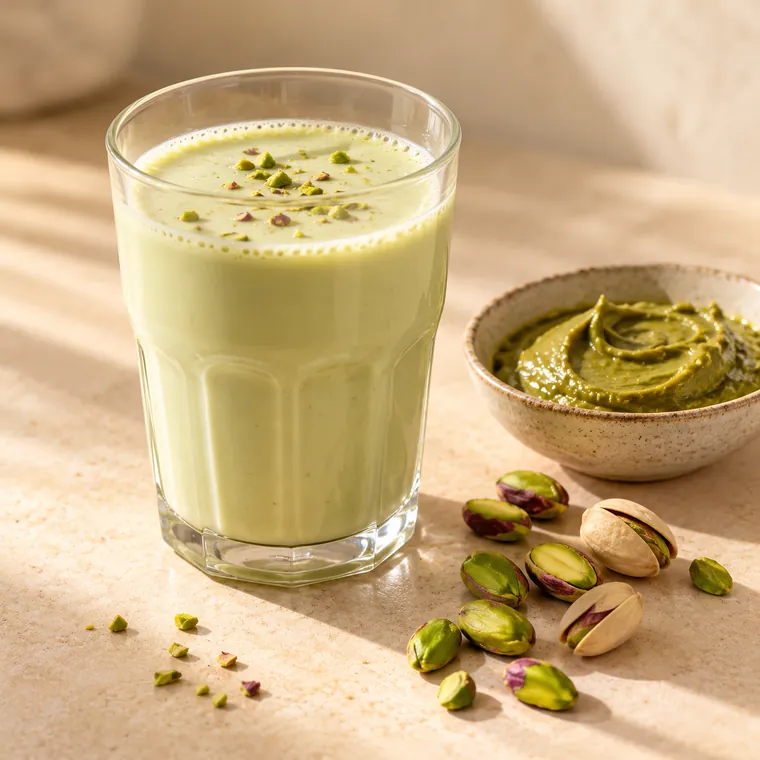 Glass of pistachio milk made from pistachio paste