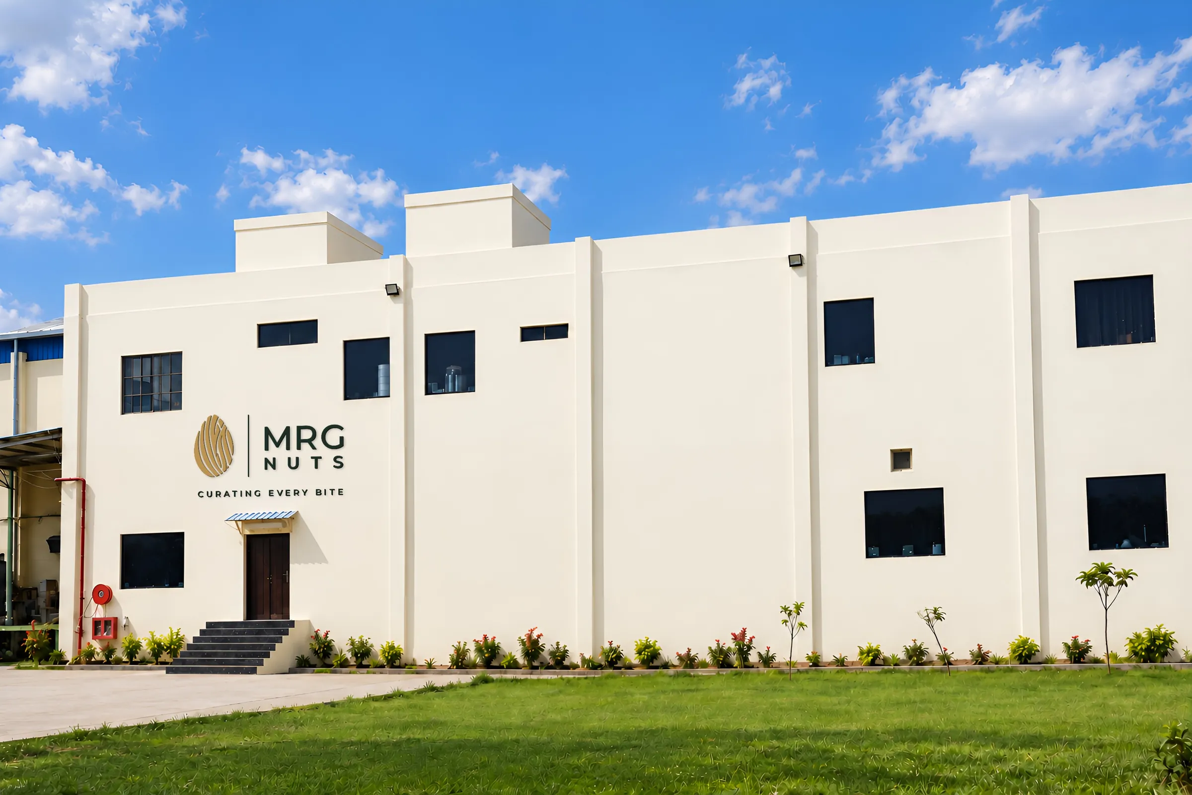 Front block with the MRG Nuts logo on the wall
