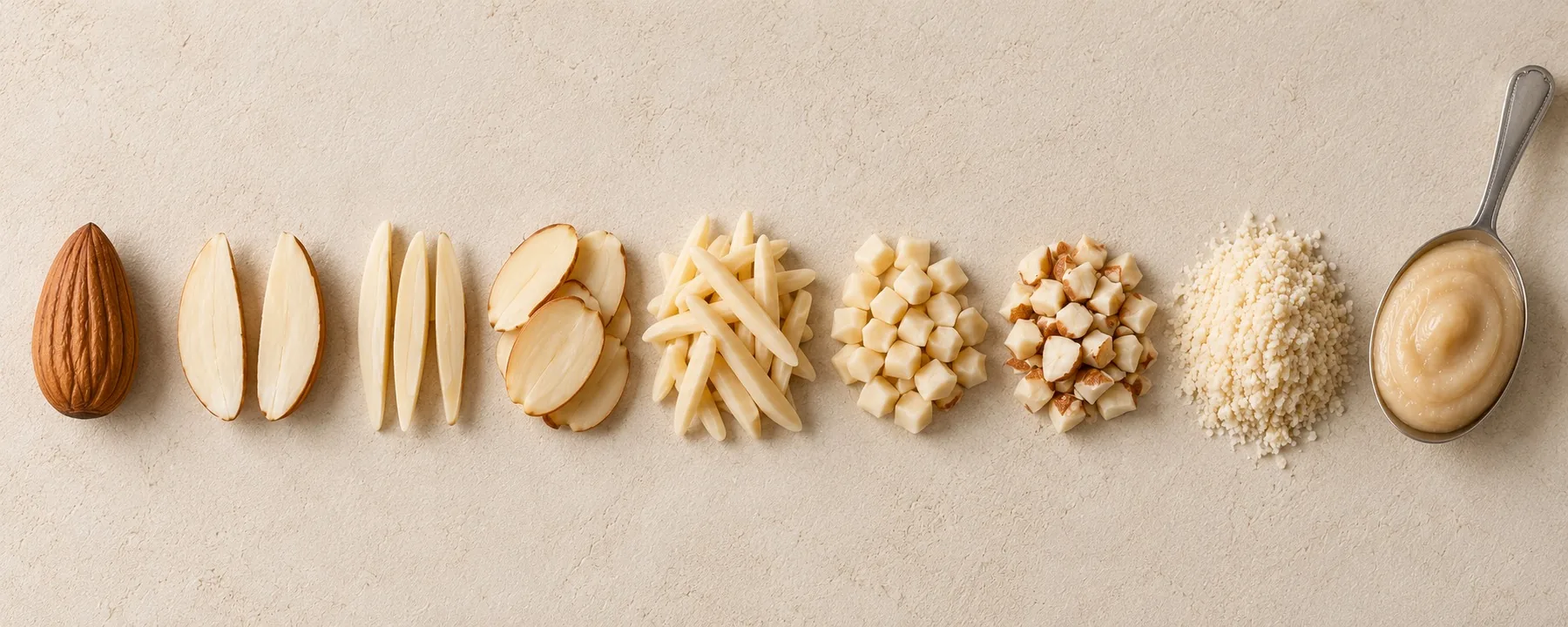 One almond shown as whole, halves, slices, slivers, bits, powder and paste