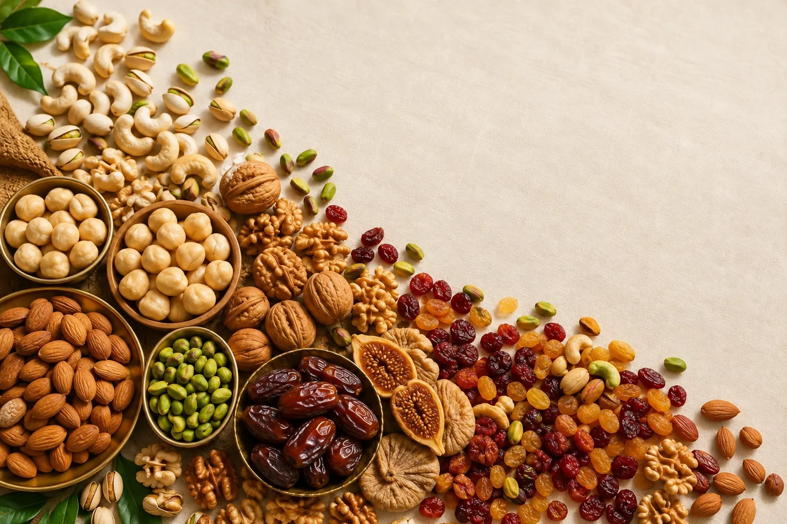 Bowls of nuts, dried fruit, berries and seeds on beige linen